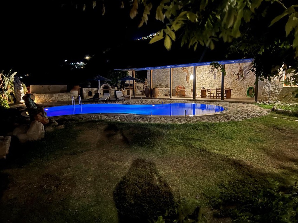 Pool glowing electric blue at night